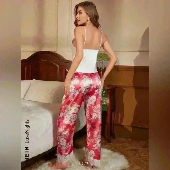 Shein LuxeNights Women's Floral Printed Lace Patchwork Pajama Set - Picture 2 of 7